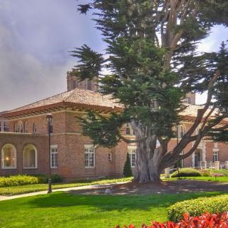 A brick building surrounded by lush greenery and a large tree in a landscaped garden.