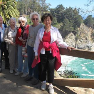 A group of people standing together in front of a scenic coastal view with cliffs and trees.