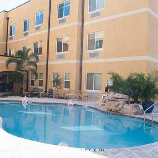 Outdoor swimming pool area at a hotel with surrounding palm trees.