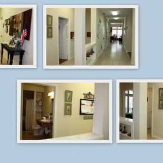 Collage of an office interior showcasing hallways, a waiting area, and decor.