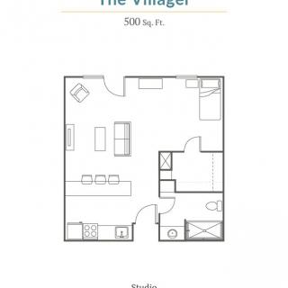 Floor plan for 'The Villager' apartment, featuring a compact 500 sq ft layout.