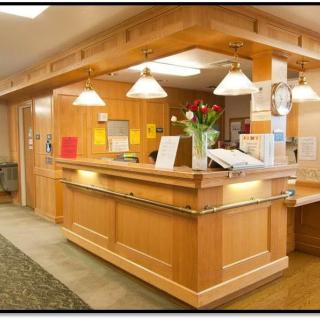 A well-lit wooden reception desk with overhead lights and a vase of flowers.