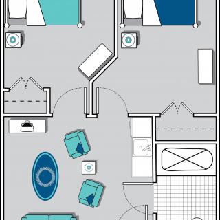 A detailed floor plan of a two-bedroom apartment featuring a living room, bathroom, and arranged furniture.