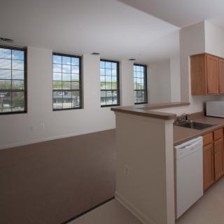 Spacious apartment interior with an open kitchen and large windows.