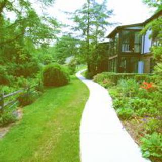 A serene pathway leading through a lush garden beside a house.