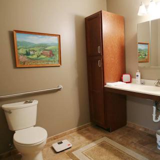 A well-organized bathroom with a toilet, sink, cabinet, and decorative painting on the wall.