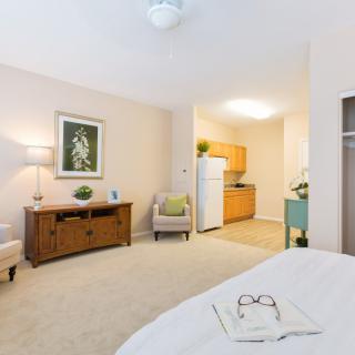 A cozy bedroom with a view of a kitchenette, featuring modern furniture and decor.