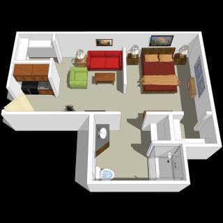 A 3D floor plan of a one-bedroom apartment featuring a living room and furniture arrangement.