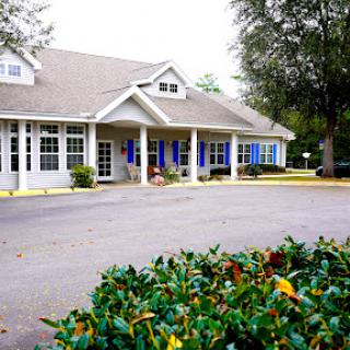 A charming exterior view of a residential building surrounded by lush landscaping.