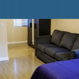 A well-furnished bedroom featuring a comfortable sofa, bed with blue bedding, and a wardrobe on a wooden floor.