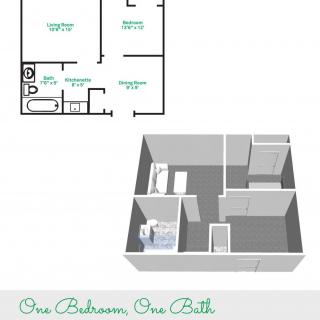 One Bedroom One Bathroom Apartment Layout and 3D Model