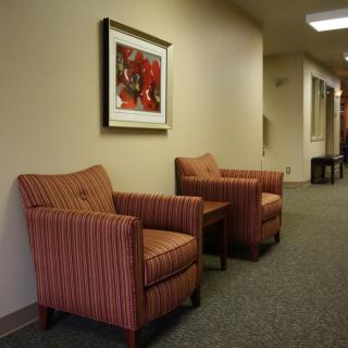 A hallway with two striped armchairs and a framed artwork on the wall.