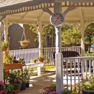 A charming gazebo surrounded by potted plants and flowers in a sunlit garden.
