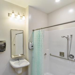 A modern bathroom with a shower, sink, and mirror.