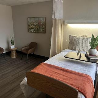 A serene and modern bedroom setup featuring a comfortable bed, stylish furniture, and greenery for a refreshing touch.