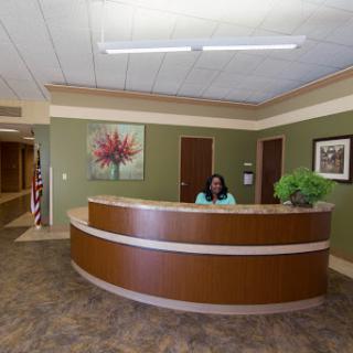 A welcoming reception area with a curved desk and decorative elements.