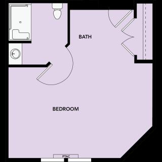 A simple floor plan showing a bedroom and bathroom layout.