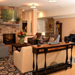 A cozy living room with a warm fireplace and stylish furniture.