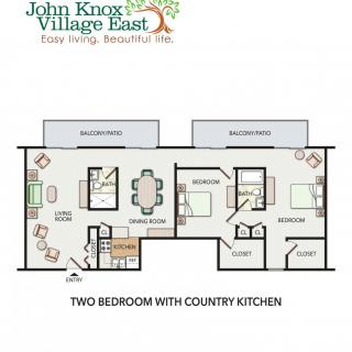 Two-bedroom apartment floor plan with country kitchen and balconies.
