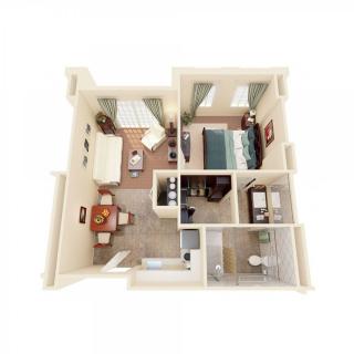 A 3D floor plan of a one-bedroom apartment, featuring a living room, kitchen, and bathroom.