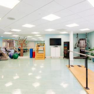 A spacious rehabilitation center equipped with various exercise equipment and therapy tools.