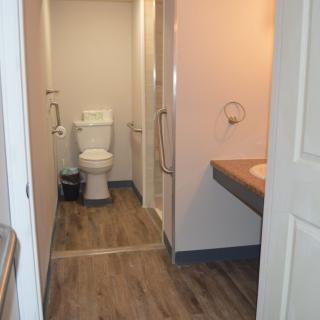 A modern bathroom with a wooden floor, featuring a toilet and sink.