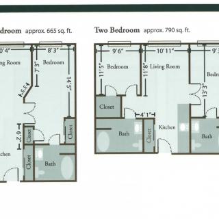 Floor plans for one-bedroom and two-bedroom apartments.