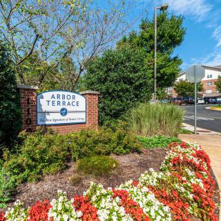 Entrance sign for Arbor Terrace surrounded by landscaped flowers and greenery.