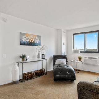 A modern living room with a chaise lounge and minimalistic decor.