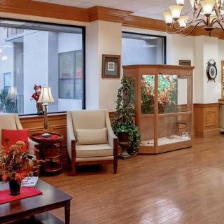 A cozy lobby area with comfortable seating, decorative plants, and elegant lighting.