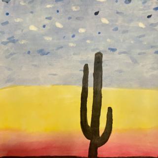 A painting of a cactus against a sunset sky in the desert.