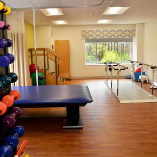 A well-equipped rehabilitation therapy room featuring dumbbells, a treatment table, and parallel bars.