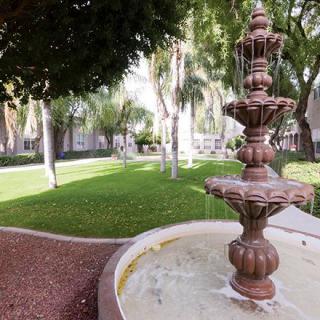 A garden scene featuring a decorative fountain surrounded by lush greenery and trees.