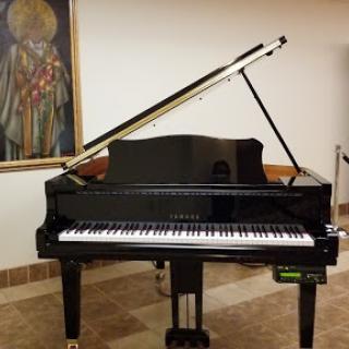 A sleek black grand piano positioned elegantly in a well-decorated indoor space.