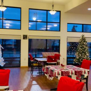 Cozy holiday-themed room with Christmas decorations and a tree by large windows.