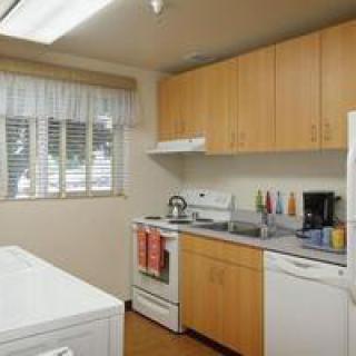 Modern kitchen with wooden cabinets and essential appliances.