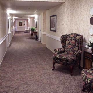 A well-lit hallway with patterned carpet, classic furniture, and decorative wall art.