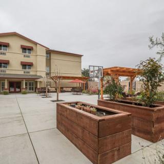 A modern building with an outdoor patio area featuring wooden planters and a garden setup on an overcast day.
