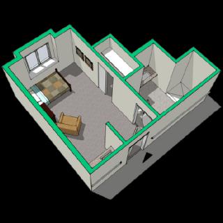 A 3D model of a single-room floor plan with a bedroom and bathroom.