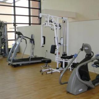 A well-equipped gym with various exercise machines including a treadmill.