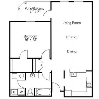 A floor plan of a one-bedroom apartment featuring a living room, dining area, kitchen, bathroom, and patio.