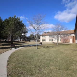 A sunny day with a building and pathway surrounded by trees and grass.