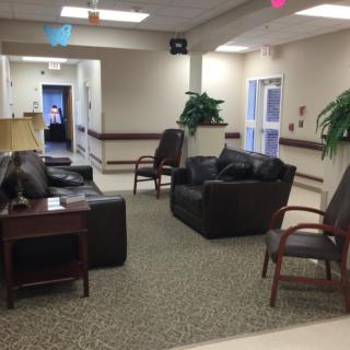 A cozy waiting area with sofas and chairs, decorated with indoor plants.