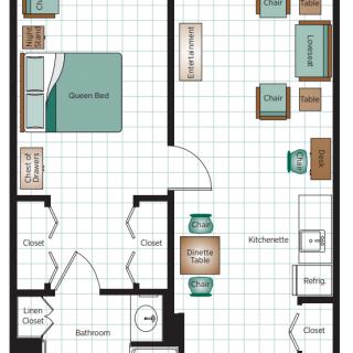 A detailed floor plan of a one-bedroom apartment showing the layout and furniture placement.