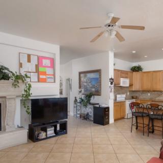 An open-concept living area featuring a cozy living room connected to a kitchen and dining space, with a ceiling fan and indoor plants enhancing the decor.