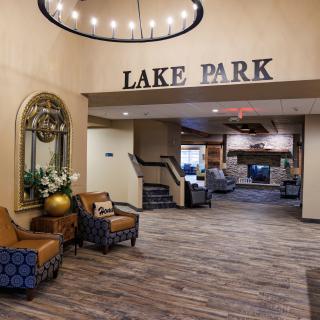 A stylish hotel lobby with comfortable seating and elegant decor at Lake Park.