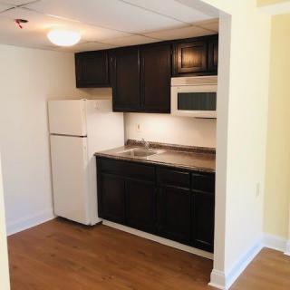 A compact kitchen setup with dark cabinets, a refrigerator, and a microwave.