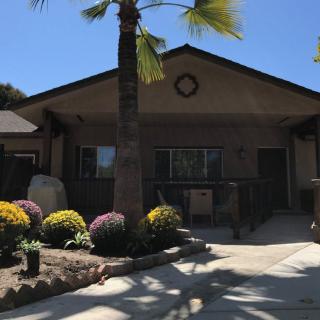 A single-story house with a palm tree and flowers in the front yard on a sunny day.