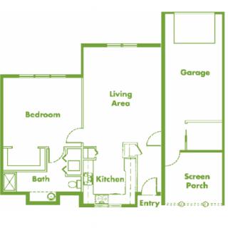 A simple floor plan featuring a bedroom, bathroom, kitchen, living area, garage, and screened porch.