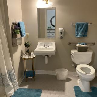 A well-organized bathroom with a sink, toilet, and blue accents.